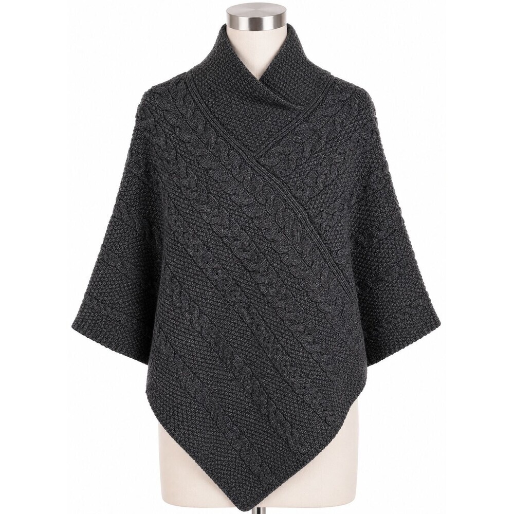Inis Crafts Poncho Sweater Medium Large Grey Fisherman Cable Knit Merino Wool